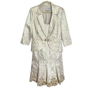 Joseph Ribkoff NWT Women's Formal Gold Cream Floral Scroll Dress With Jacket 10